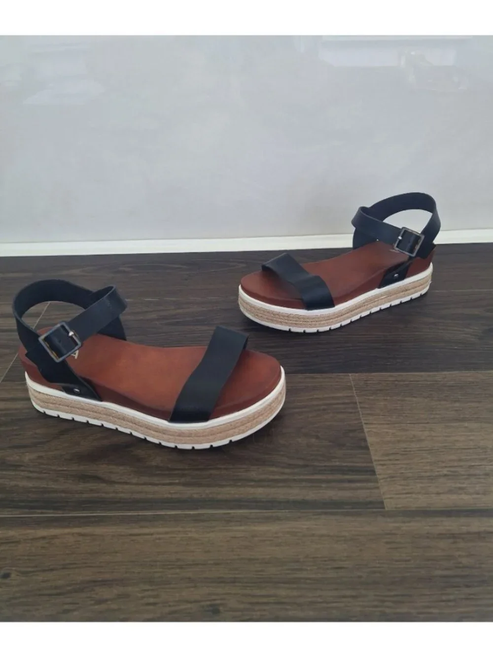 💙 MIA Black Espadrille Platform Size 9 Sandals Ankle Strap Boho Wedge Comfy